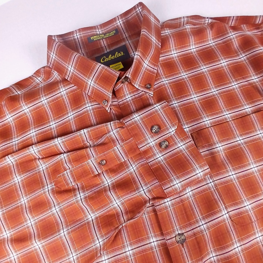 Cabelas Mens Shirt 4XLT Long Sleeve Button Down Wrinkle Free Rust Plaid
